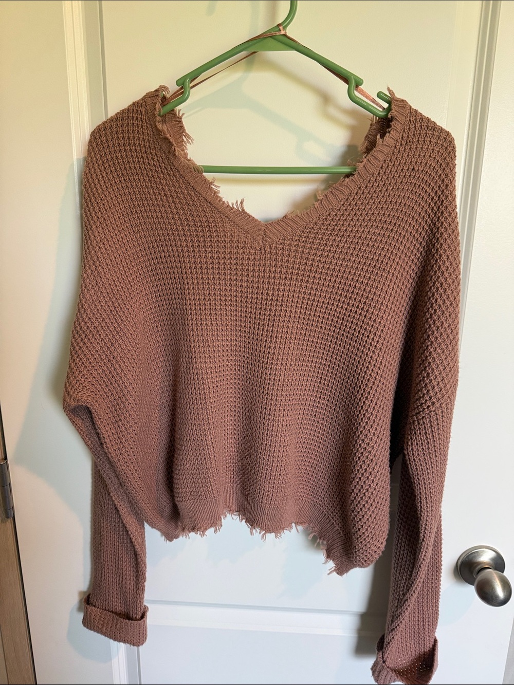 moon & madison Distressed V-Neck Waffle Knit Sweater - Mauve